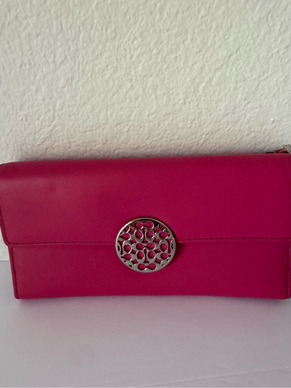 Coach Alexander Cranberry Slim Envelope Leather Clutch with Silver Medallion